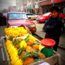 Pineapple vendors are everywhere and they use a cool little tool to remove the divits, which also makes a beautiful design