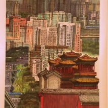 a very cool modern scroll painting of Yonghegong and the Beijing cityscape